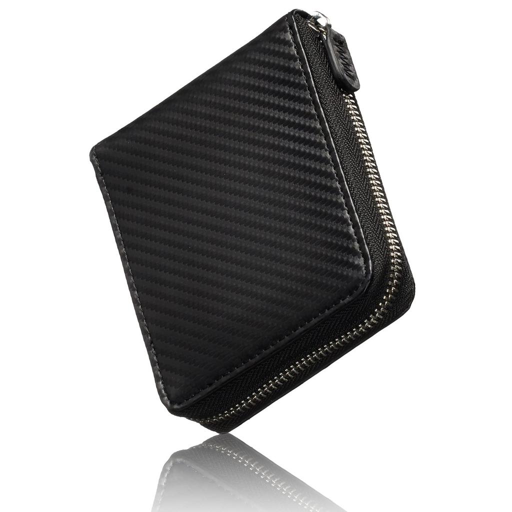 VOICE Carbon Leather Bifold Round Zipper Coin Perfect Boxed Men's Wallet, "Skillfully" Slim, Closure, Easy-to-Use Box-Shaped Pocket, Gift,