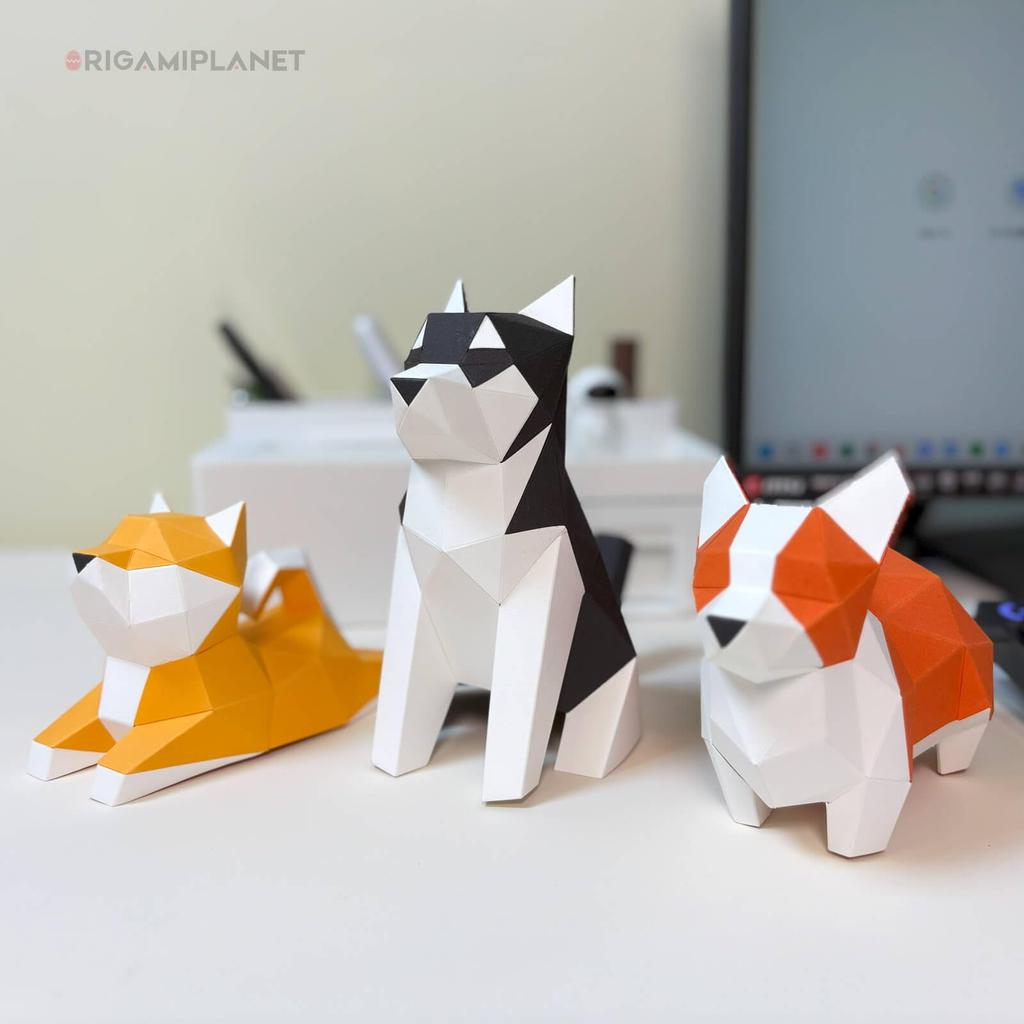 ORIGAMIPLANET Hello Puppies 3D Origami Paper Craft Gift Set 3 Inu 3D Origami Cute Animal Dog Paper Sculptures for Teens Birthday Home Decor DIY Art