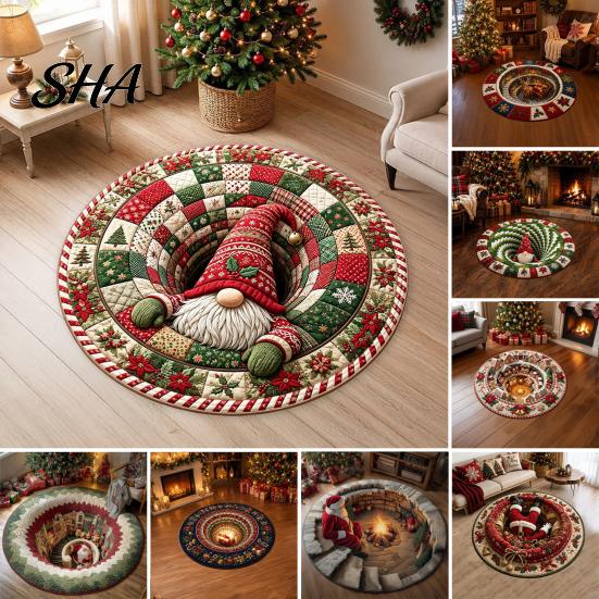 Soft Crystal Velvet Carpet Round Christmas 3D Rug, Optical Illusion Area Santa Claus Gnome Quilted-Like Comfortable Barefoot Floor Mat Anti-slip