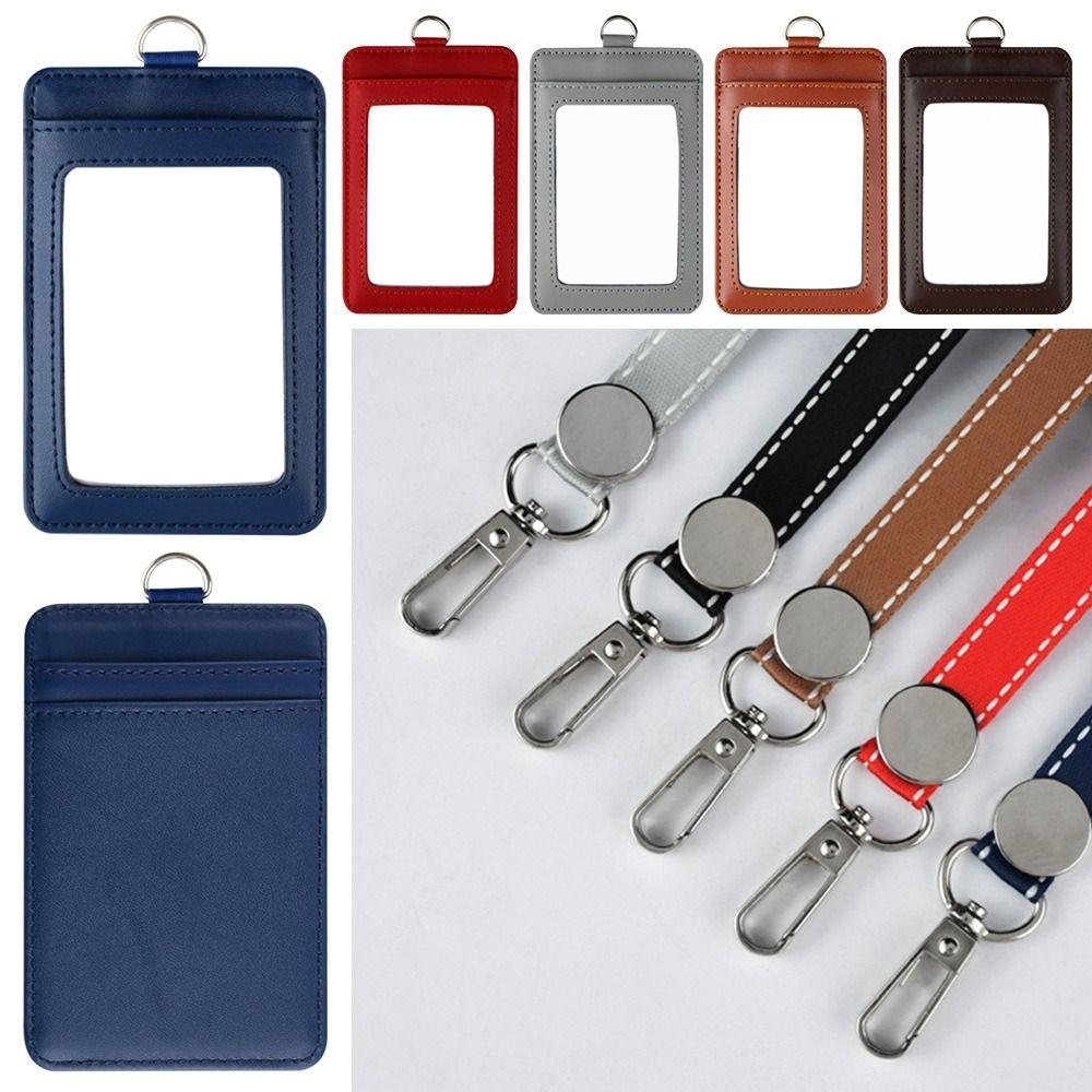 Leather With Lanyard Three Card Position Card Badge Holder Key Chain Card Bag ID Lanyard Name Tag