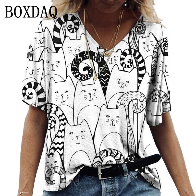 Женские футболки с принтом котов и героями мультфильмов, рубашки большого размера с v-образным вырезом для девочек, повседневные топы Kawaii, летние уличные женские футболки с короткими рукавами