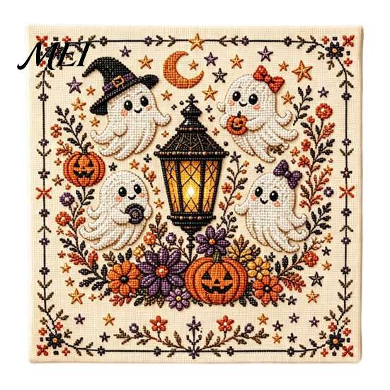 Personalized Holiday Gift for Crafters Halloween Embroidery Kit, DIY Stitch Kit Adults, Cute Witch Beginner Needlepoint Set Ghost Black Cat