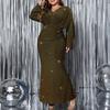 Plus Size Women Evening Dress V-Neck Long Sleeve High Waist Tight Long Dress Solid Color Shiny Fishtail Dress