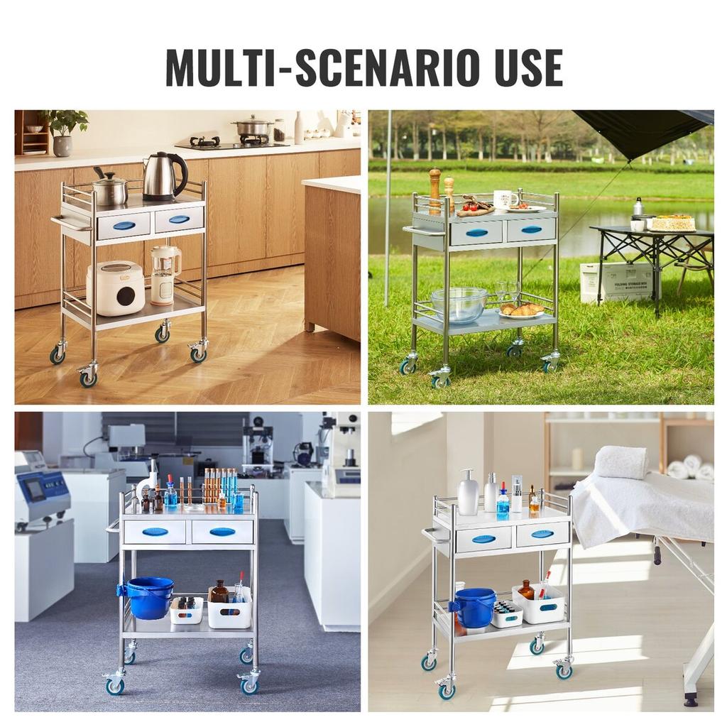 Lab Serving Cart, 2 Layers Stainless Steel Utility Rolling Cart, Medical Cart with Two Drawers, Dental Utility Cart with Lockable Wheels and A Bucket,