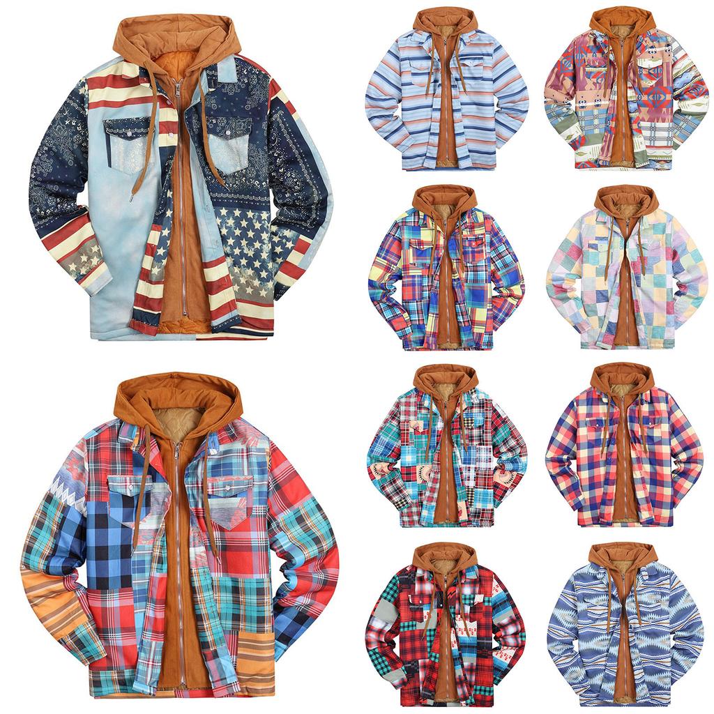 Men's Quilted Lined Button Down Plaid Shirt Add Velvet To Keep Warm Jacket With Hood