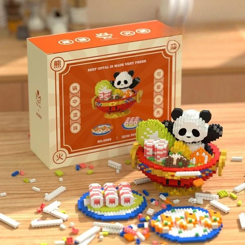 Cartoon Panda Hot Pot Model Mini Bricks Pandas Puzzle Panda Souvenir Assembly Building Block Toys Desktop Ornament
