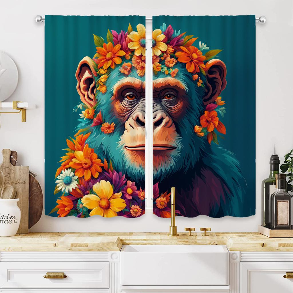 2pcs Vibrant Monkey Garland Print Curtains - Blue Polyester, Semi-Transparent, Machine Washable, Rod Pocket Design for Living Ro