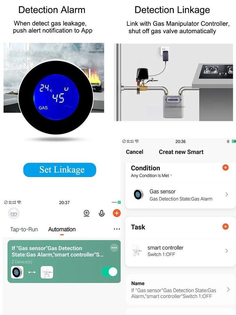 Детектор утечки газа на кухне Tuya WiFi с электромагнитным клапаном