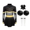 4Pcs Girls Cheer Leader Costume Long Sleeve Diamonds Dance Jumpsuit with Cheerleading Hand Flower Bowknot Hair Ties and Striped Knee High Tube Socks