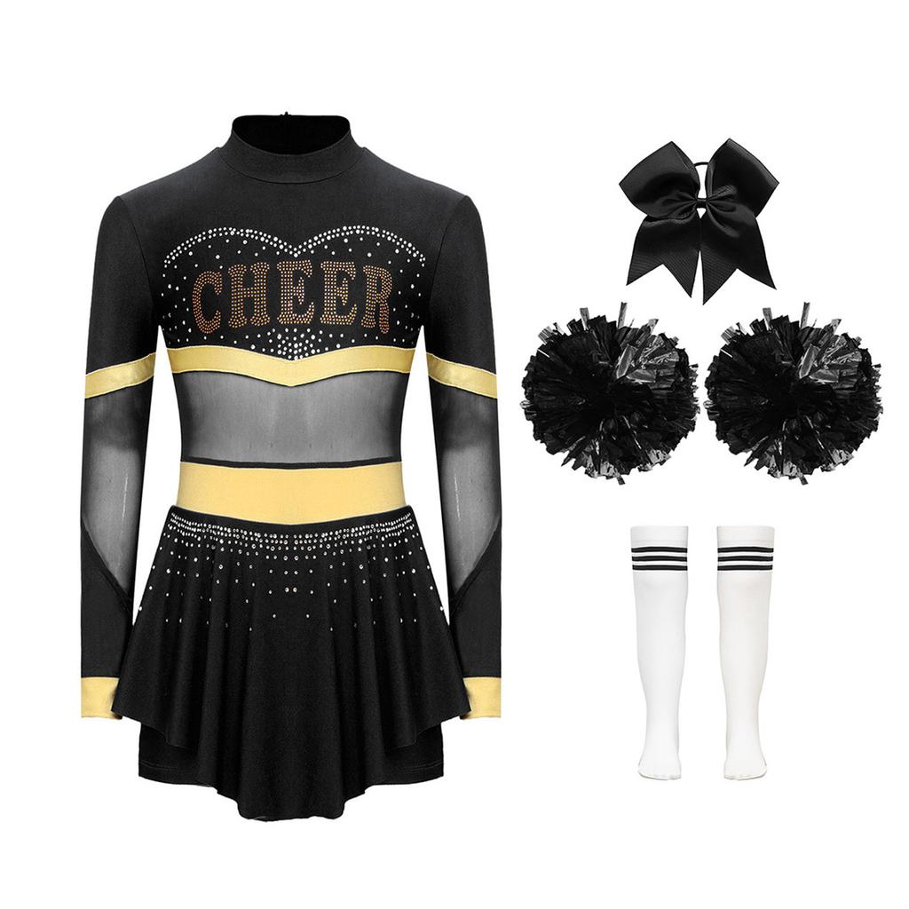 4Pcs Girls Cheer Leader Costume Long Sleeve Diamonds Dance Jumpsuit with Cheerleading Hand Flower Bowknot Hair Ties and Striped Knee High Tube Socks