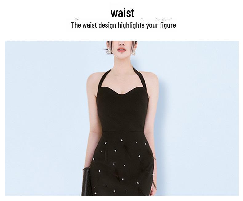 2024 Осень Сексуальное Платье Холтер С Открытой Спиной Перьями Бисером Средней Длины