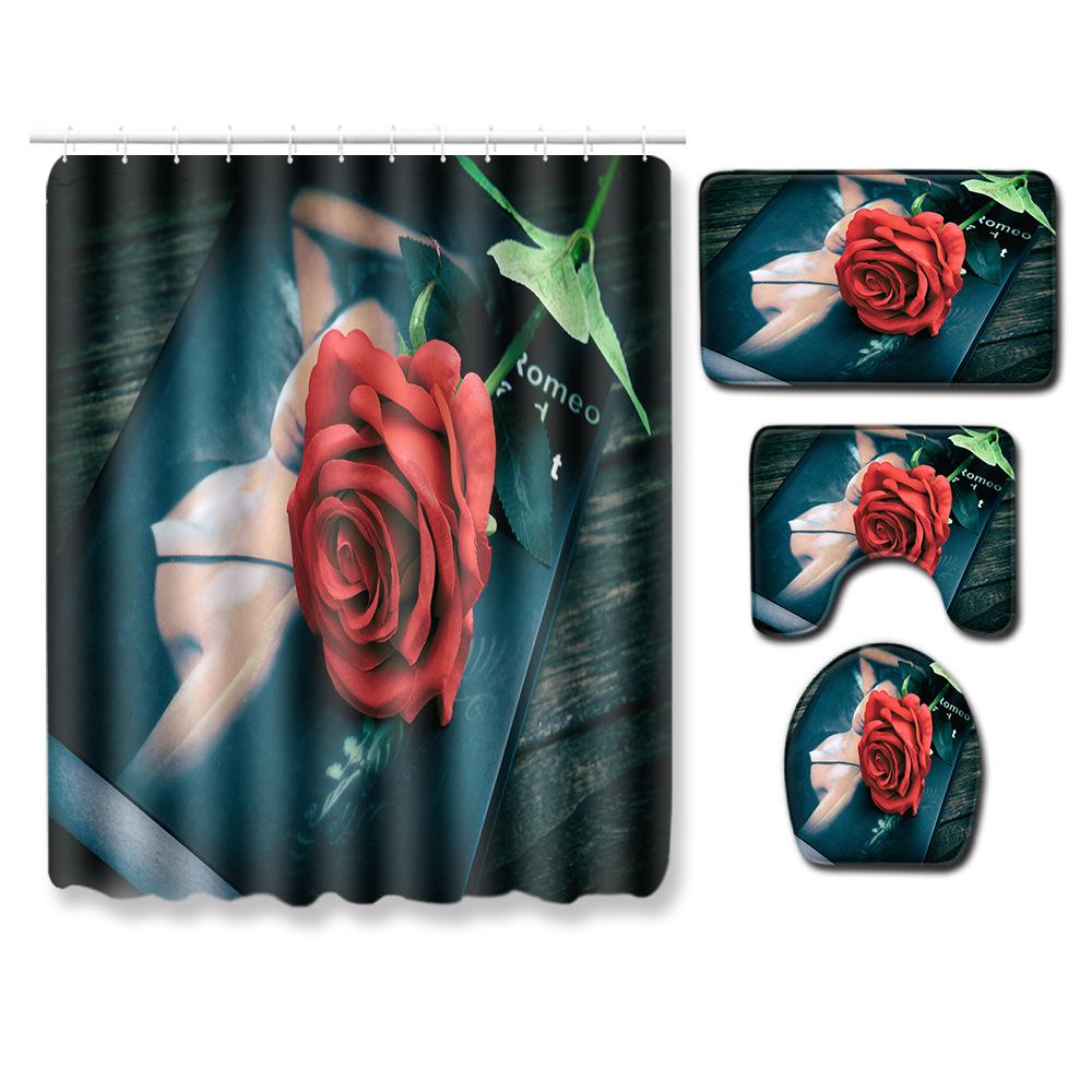 Valentine'S Day Toilet Shower Curtain Four-Piece Printed Floor Mat Set Bathroom Floor Mat Bedroom Absorbent Door Mat Carpet