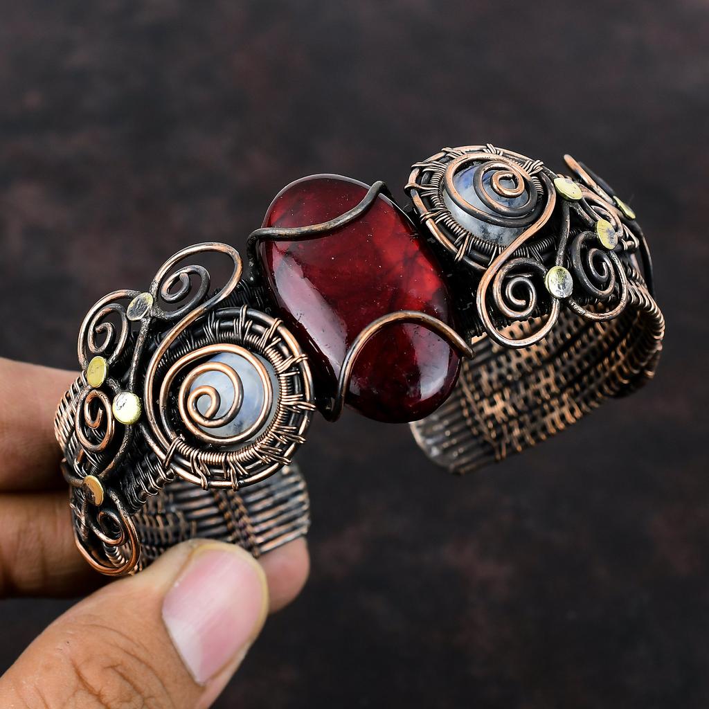 Красный огненный лабрадорит драгоценный камень браслет медная проволока обернутый лунный камень манжета браслет регулируемый браслет ручной работы медные украшения для подарка