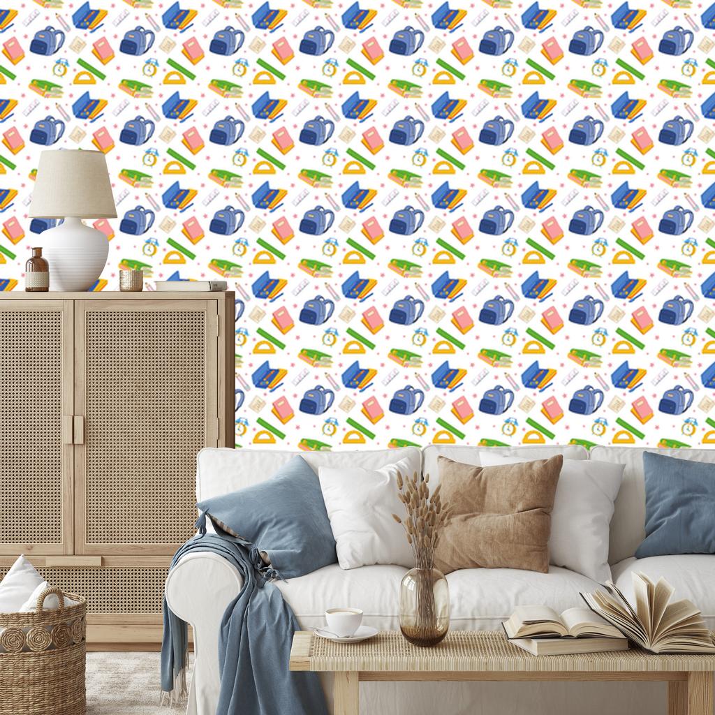 Back to School Wallpaper White and Blue for Living Room and Bedroom 50x1000