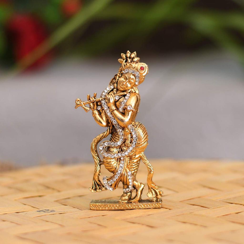 Gold Plated Flute Playing Krishna Idol Showpiece - Metal Krishna Statue for Car Dashboard - Hindu God Religious Idol Krishan Figurine for Janmashtami