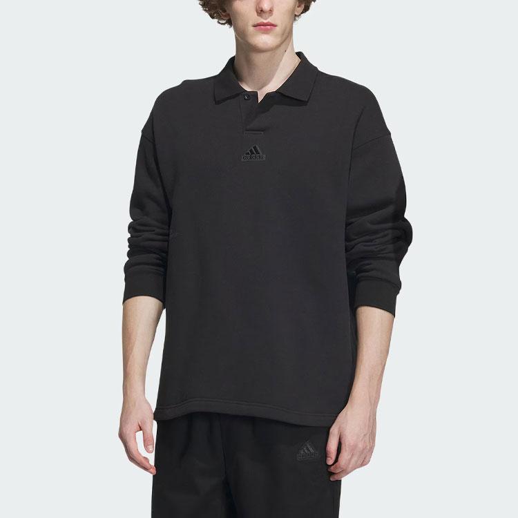 Adidas Рубашка поло из плотного французского терри с сплошным логотипом, свободная, с длинным рукавом, унисекс, черная IT3972