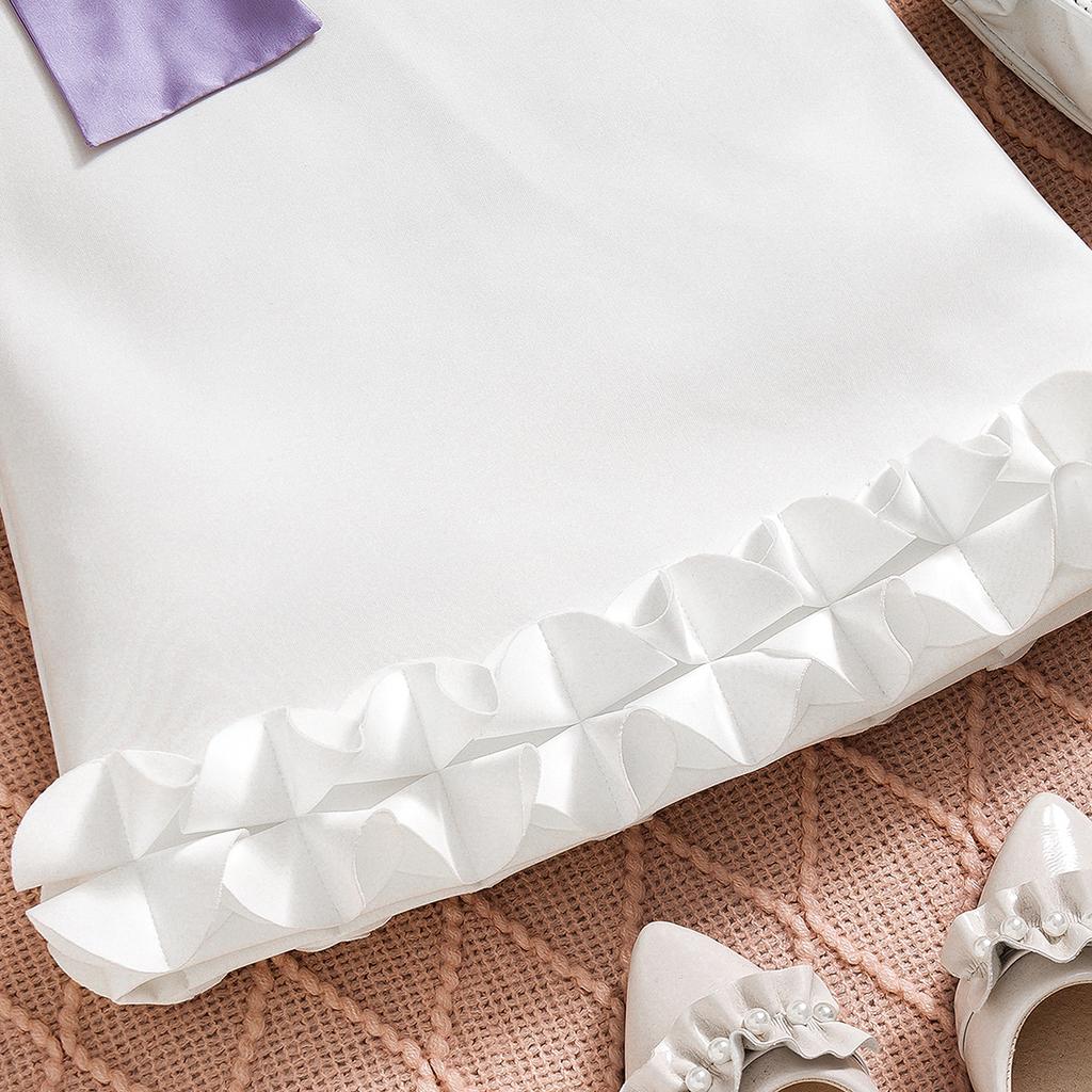 Girls Fashion Dress Summer Children's Round Neck Bow Solid Color Princess Dress