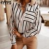Women's Fashion Casual Spring Fall Stripe Print Long Sleeve POLO Neck Blouses & Shirts