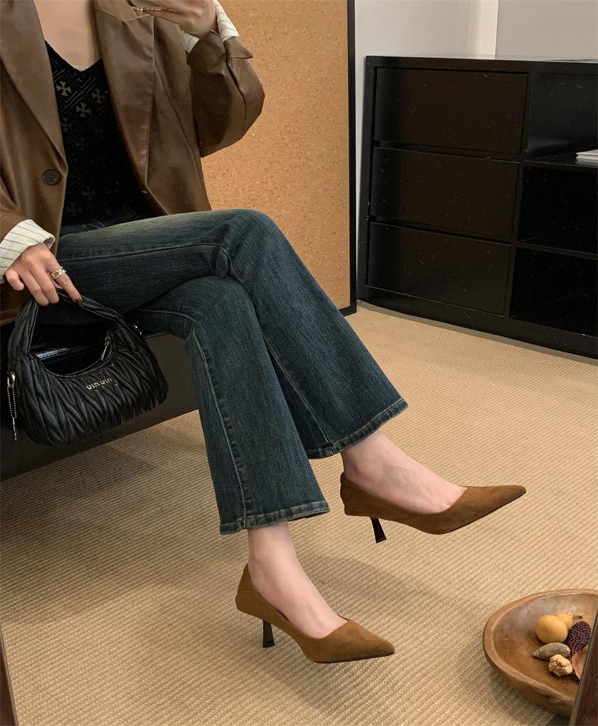 Women's Temperament Suede Pointed High Heels 2025 New Korean Version French Fairy Gentle Evening Wind Light Mouth Single Shoes