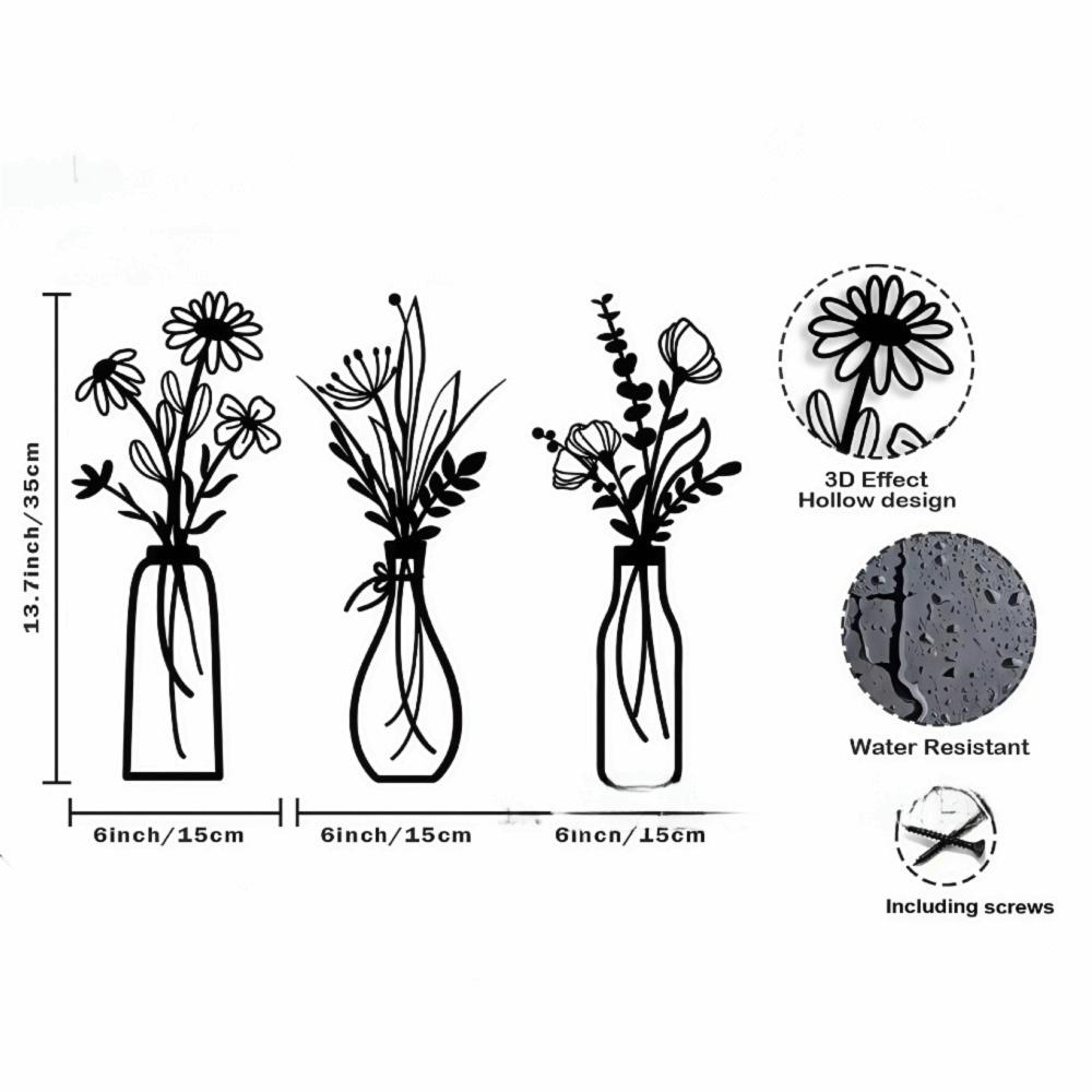 3 Pieces Set Metal Material Metal Flowers Wall Art 3D Boho Farmhouse Floral Decor Vase Design 3D Flower Vase Living Room