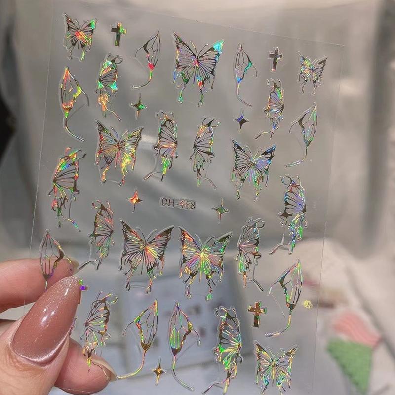 Серебряные черные белые бабочки 3D наклейки для ногтей металлические бабочки звезды распятия самоклеящиеся слайдеры обертывания маникюрные гель-лаки наклейки