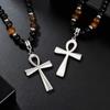 Fashion Stainless Steel Anka Cross Pendant Necklace, Natural Tiger Eye Stone Beaded Chain Necklace, Trendy Punk Jewelry for Men