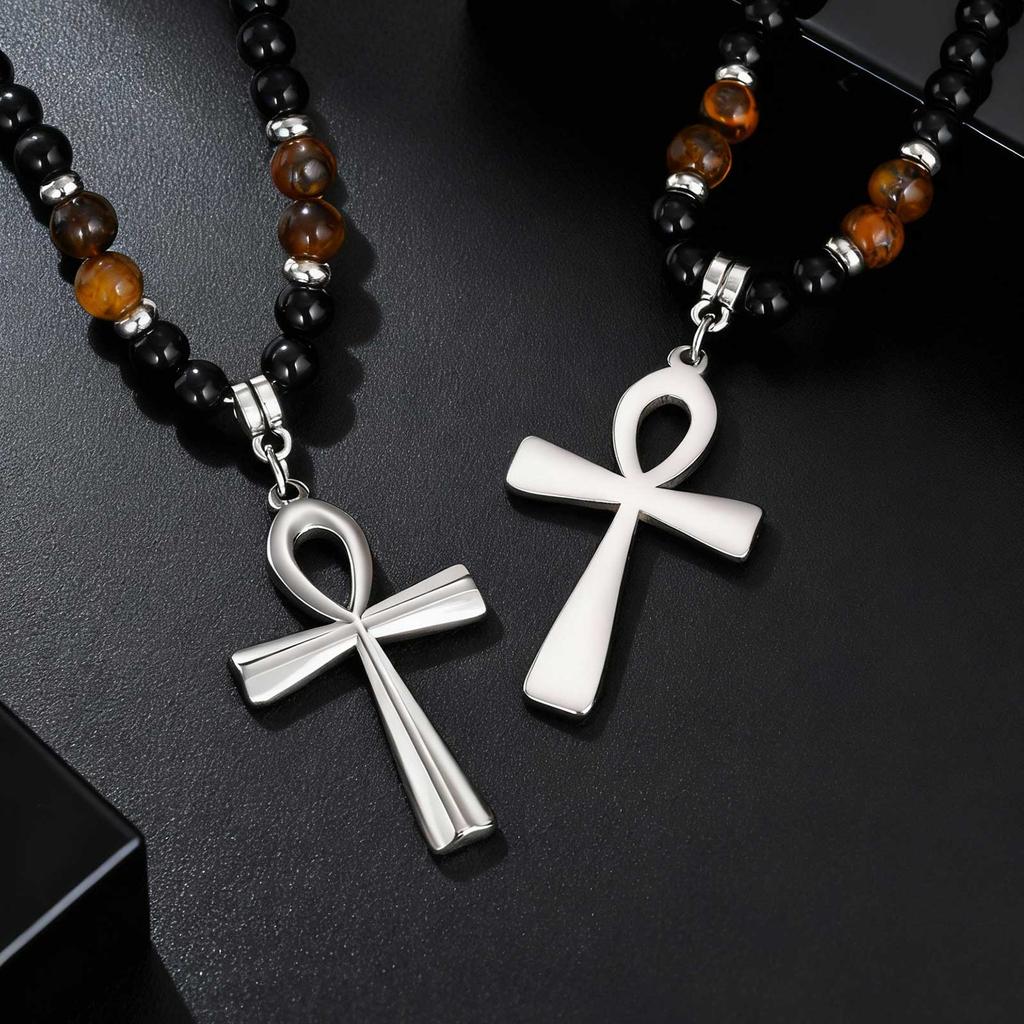 Fashion Stainless Steel Anka Cross Pendant Necklace, Natural Tiger Eye Stone Beaded Chain Necklace, Trendy Punk Jewelry for Men