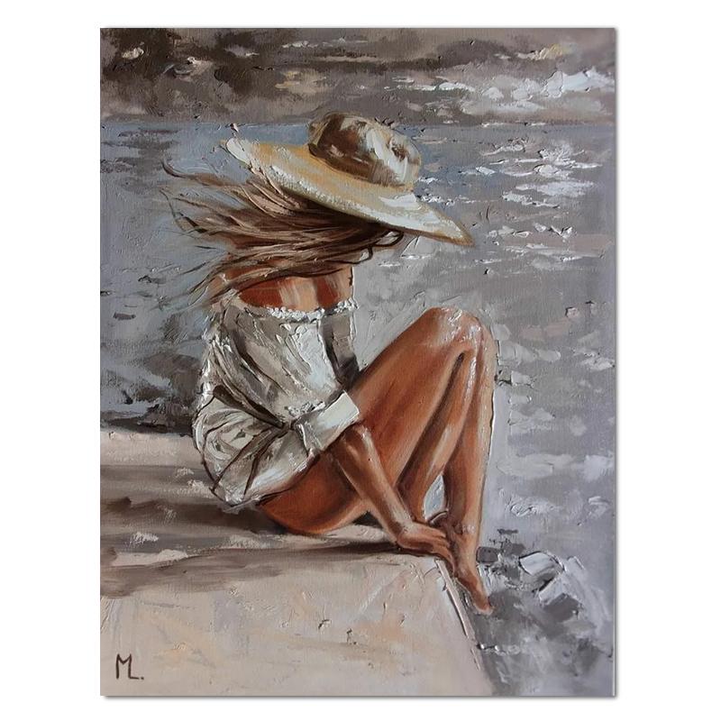 Красивая девушка на берегу моря, картина маслом, холст, HD печать, женские настенные художественные фотографии, украшение для гостиной, дома
