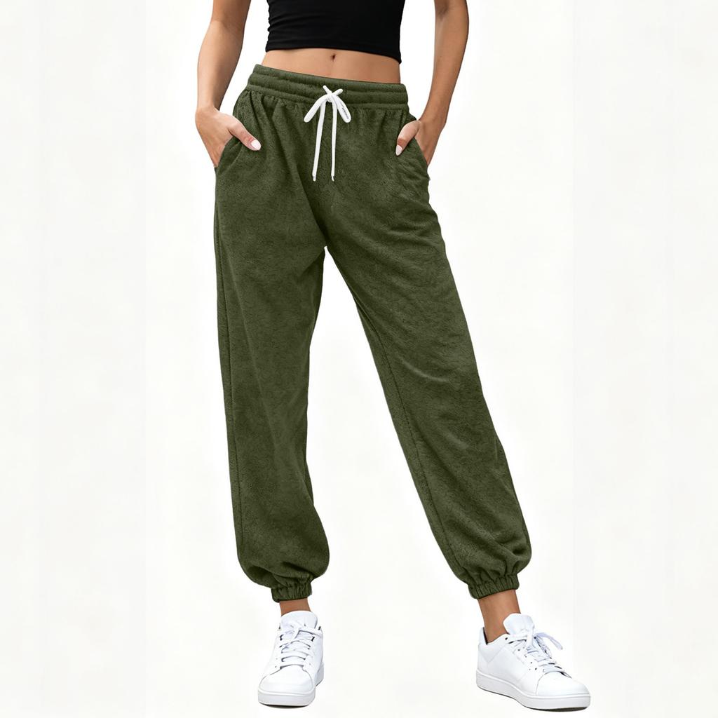 Women's Fashionable Solid Color Pocket Drawstring Elastic Waist Plush Casual Pants
