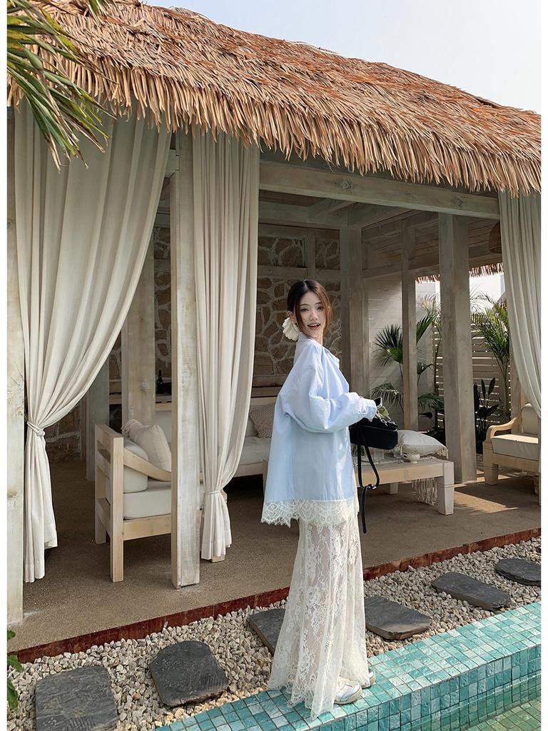 Женская синяя рубашка-жакет с кружевными вставками - корейский дизайн 2025 года, свободный крой, защита от солнца для лета