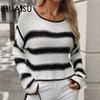 Autumn and Winter Women's O-neck Colourblocking Knitwear Striped Loose Big Size Pullover Jumper