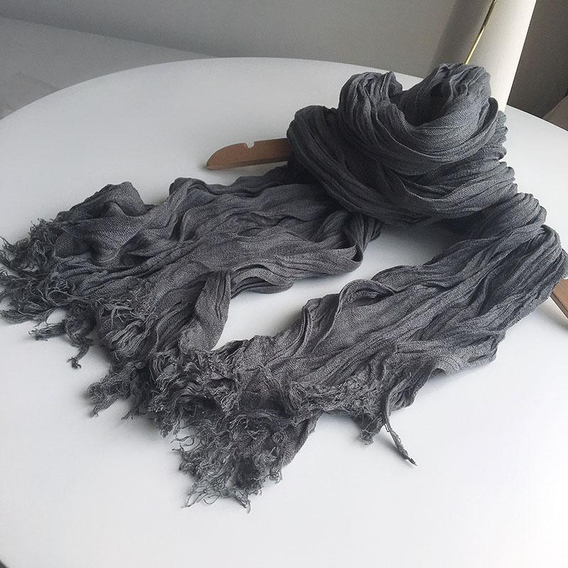 Весенне-летнее затенение, увеличенный льняной плиссированный шарф, японская универсальная литературная женская шаль, теплый шелковый шарф с бахромой