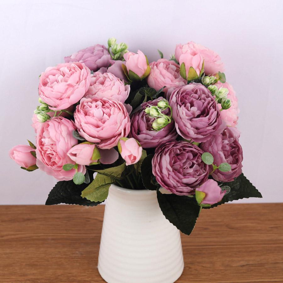 30cm Rose Pink Silk Bouquet Peony Artificial Flowers 5 Big Heads 4 Small Bud Bride Wedding Home Decoration Fake Flowers Faux KTY