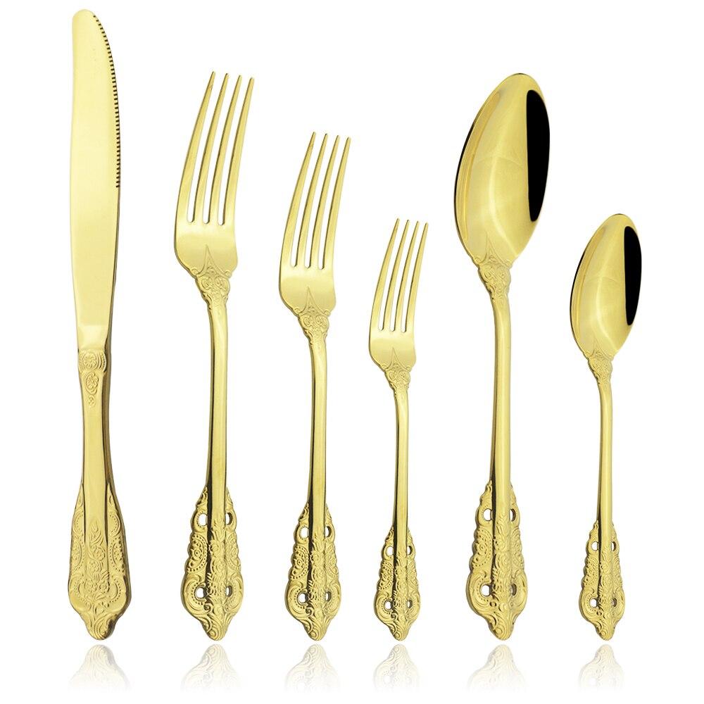 Золотой роскошный набор столовой посуды, винтажные столовые приборы в стиле вестерн, позолоченные столовые приборы из нержавеющей стали 304, набор ножей и вилок, кухонная посуда