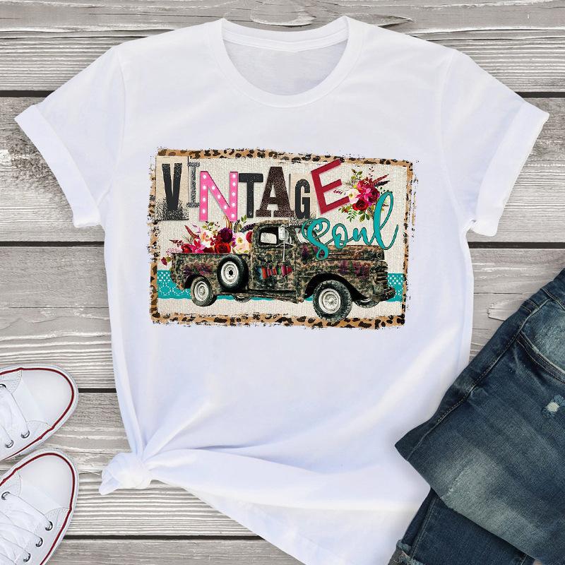 Spring Summer Womens Short Sleeve Tshirt Fashion Outdoor Truck Flower Print Soft Modal Fabric Slim Fit High Street Style Base