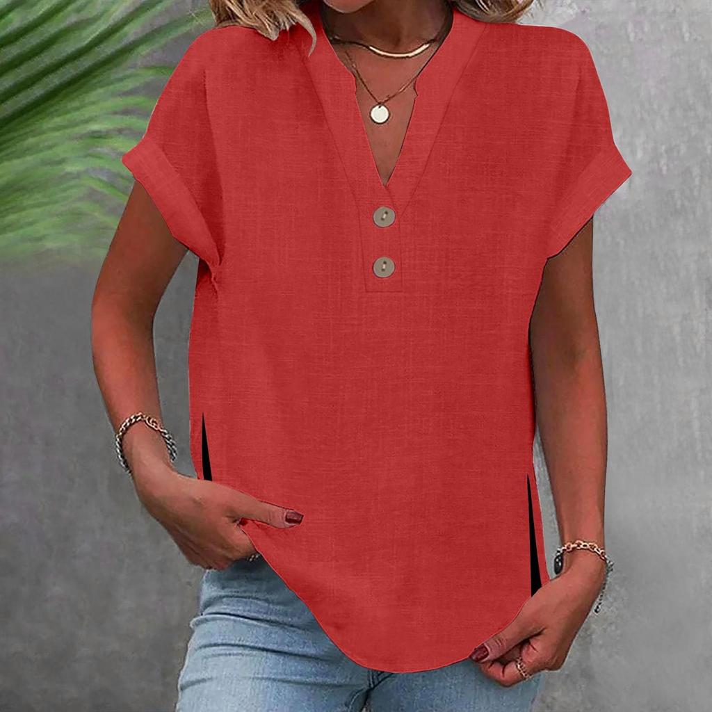 Women's Fashion Casual Solid Colour V-Neck Short Sleeve Button Split Shirt T-Shirt Top