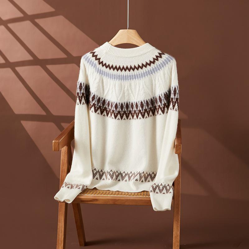 2024 A/W Women's Cashmere Knitwear: Long Sleeve Loose Jacquard Sweater - Soft, Comfortable, Versatile