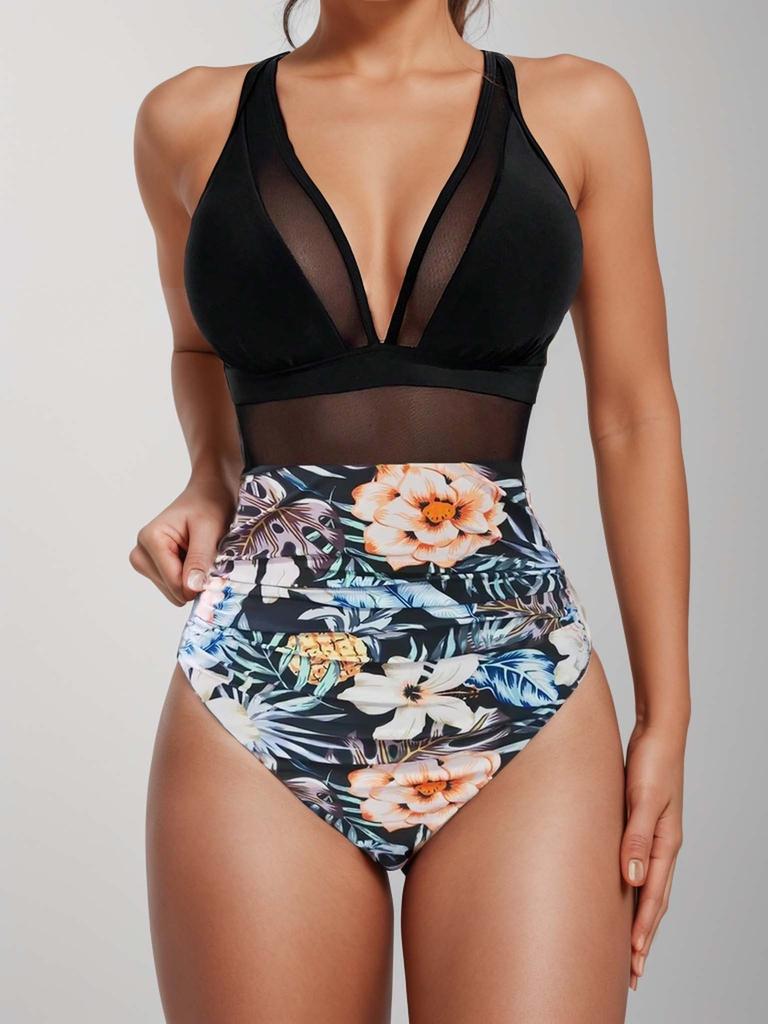 Sexy Black One Piece Swimsuit 2025 Women Mesh Patchwork Transparent Tummy Control Swimwear Bathing Suit See Through Monokini