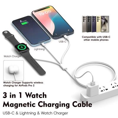 USB-A Магнитная беспроводная зарядная панель для часов 3 в 1 Кабель для зарядки Type-C для iWatch 10/9/8/7/6/5/4/3/2 SE/Ultra PD Быстрая зарядка