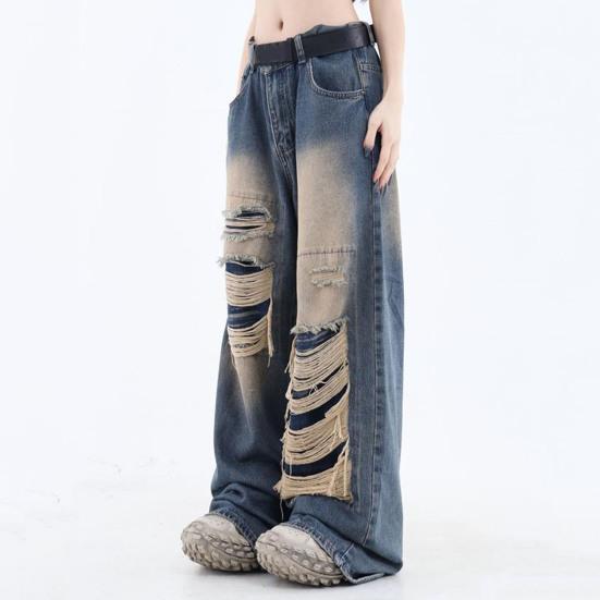 Женские джинсы с высокой талией и широкими штанинами, свободные рваные джинсы в стиле хип-хоп, прямые однотонные готические винтажные карманы, уличная одежда, джинсовые брюки полной длины