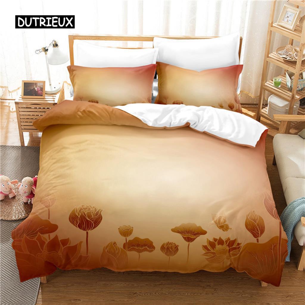 Пододеяльник с цветочным принтом лотоса King Microfiber Water Hibiscus Комплект постельного белья Flower Leaves Пододеяльник Nature Art Theme Покрывало