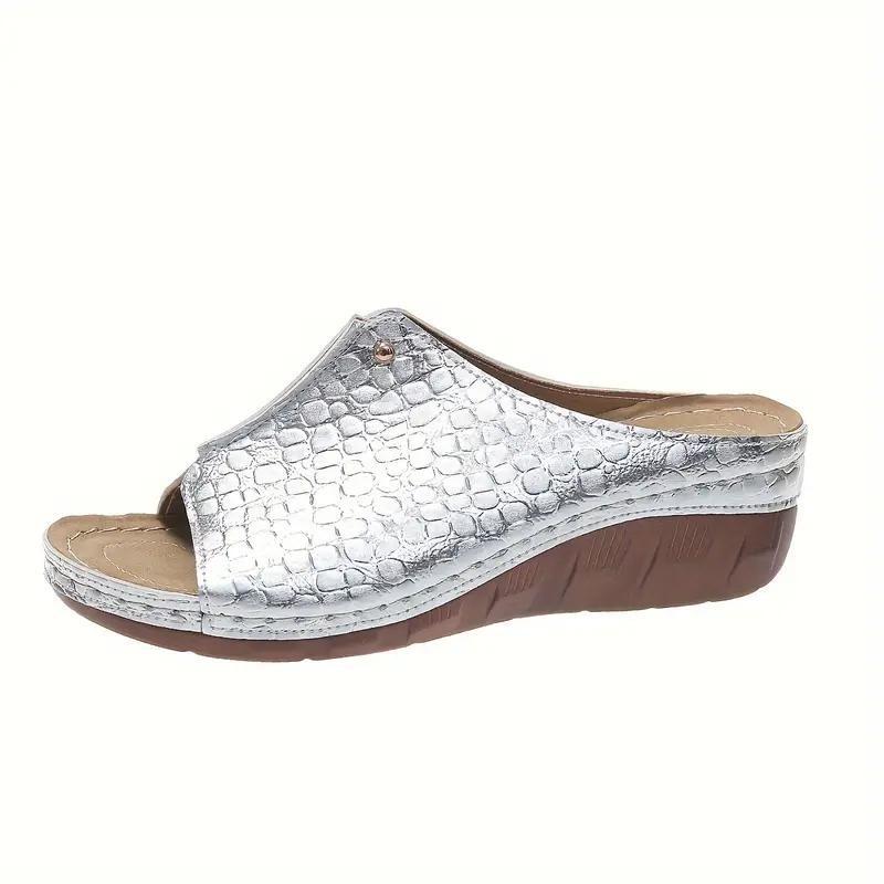 Women's Snakeskin Pattern Sandals Platform Slip On Soft Sole Casual Seaside Slides Low Wedge Vacation Slides