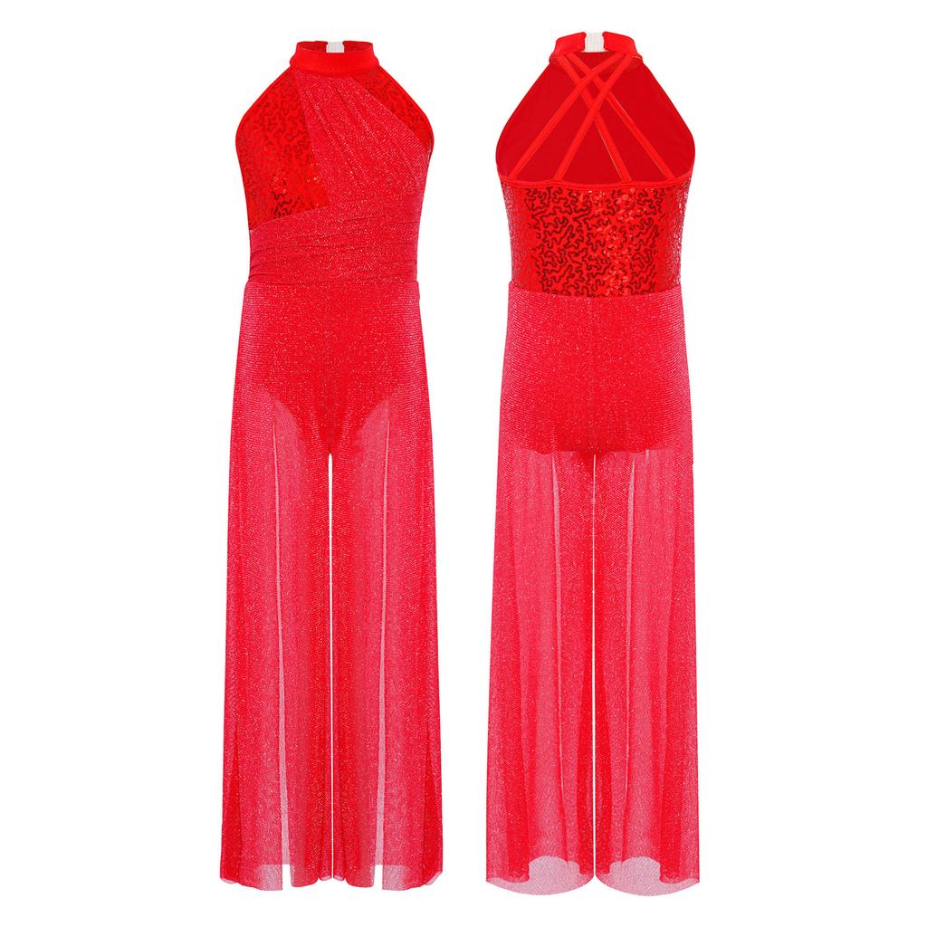 Женский комбинезон без рукавов с воротником-стойкой, перекрещивающимися бретелями на спине, блестящими пайетками, сетчатыми вставками и широкими штанинами, для лирического танца