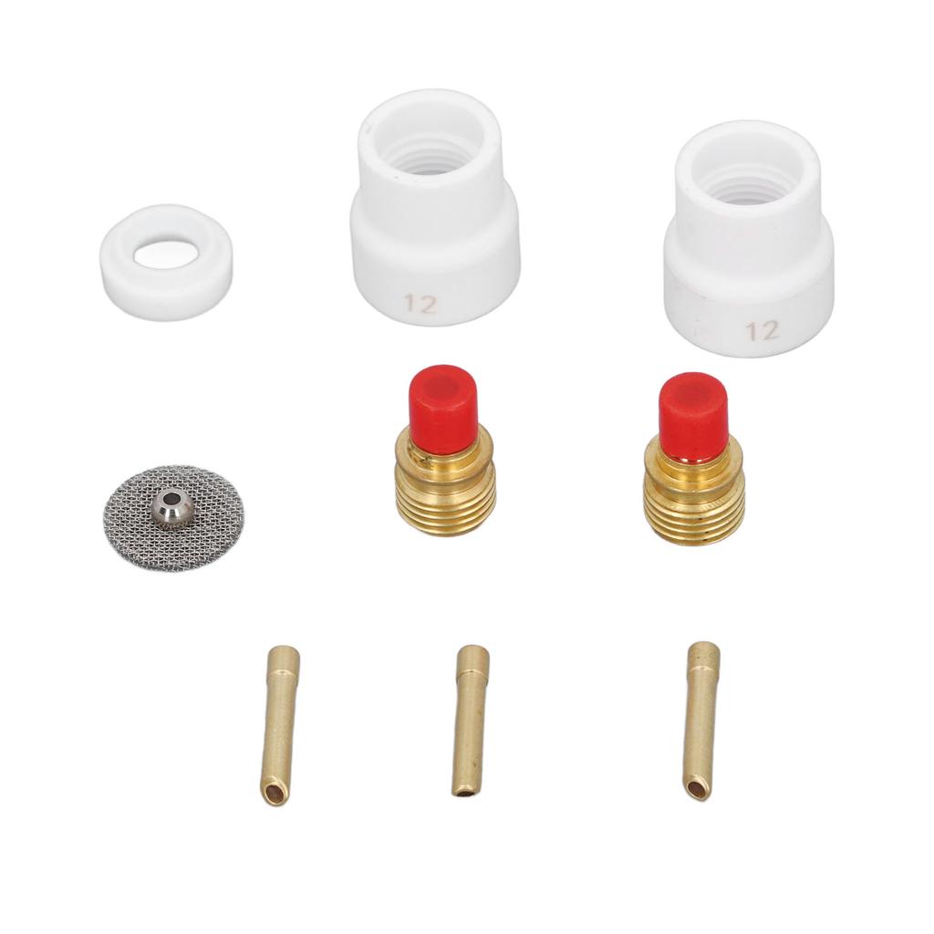 Комплект из 12 предметов: газовая линза для сварки TIG, керамическое сопло, держатель электрода с коротким скосом, сетчатый разъем, передняя часть из ПТФЭ