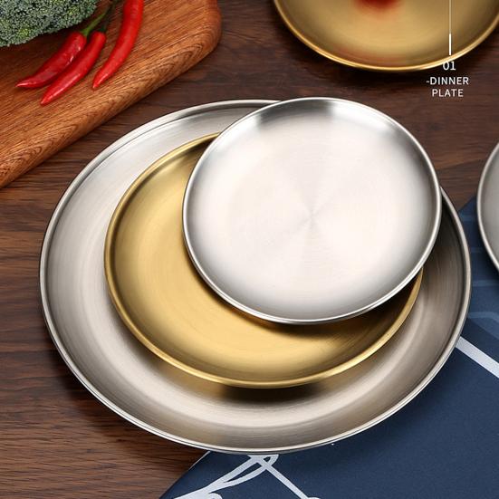 Round Dinner Plate Serving Platter Stainless Steel Barbecue Tray Korean Style Serving Dish Fruit Dessert Steak Plate