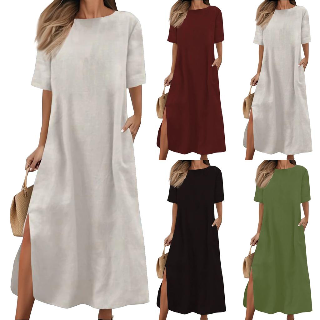 Women's Casual Dress Loose Fitting Dress Solid Color Dress Short Sleeved Long Dress