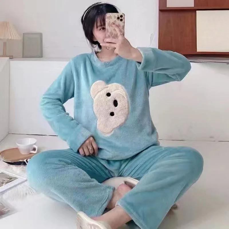 Осенне-зимняя утепленная фланелевая пижама с длинными рукавами из кораллового фланели для женщин с рисунком медведя для девочек, модная повседневная мягкая домашняя одежда