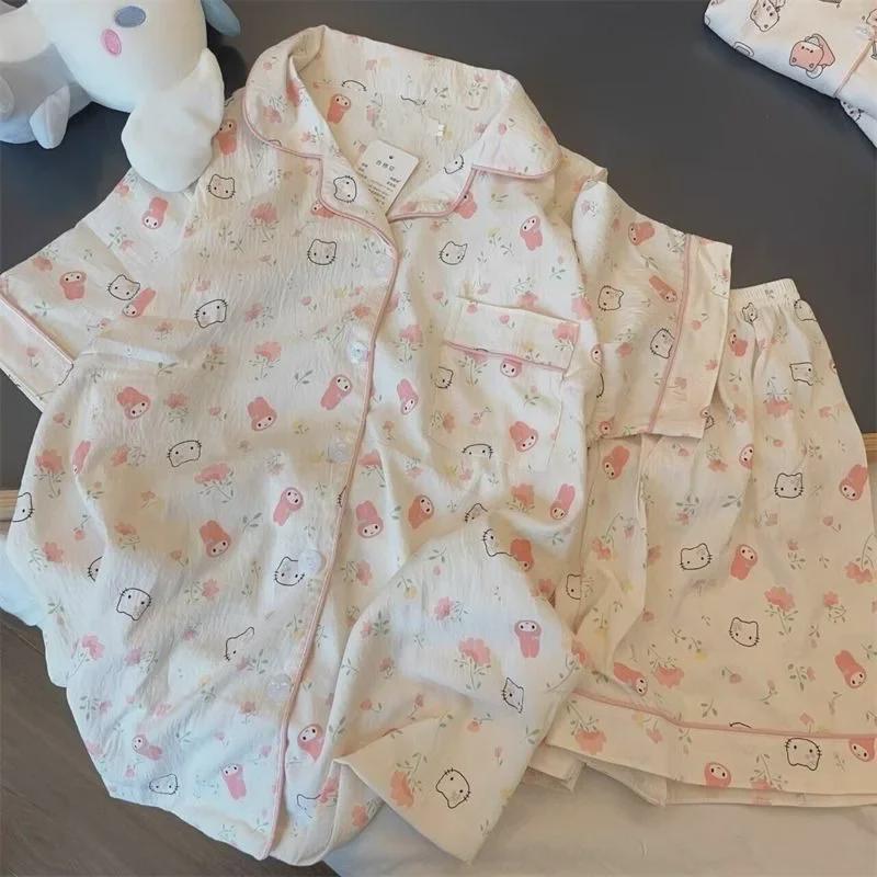 2024 Милый мультяшный женский хлопковый пижамный комплект - летний с короткими рукавами и шортами