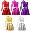 Kids Girls Dance Performance Costume Sequins Dance Top Long Sleeve One Shoulder Crop Top with Flared Skirt