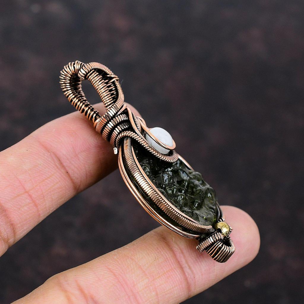 Moldavite Pendant Copper Wire Wrapped Pendant Rainbow Moonstone Pendant Handmade Real Gemstone Pendant Gift For Her Copper Wire Wrap Jewelry